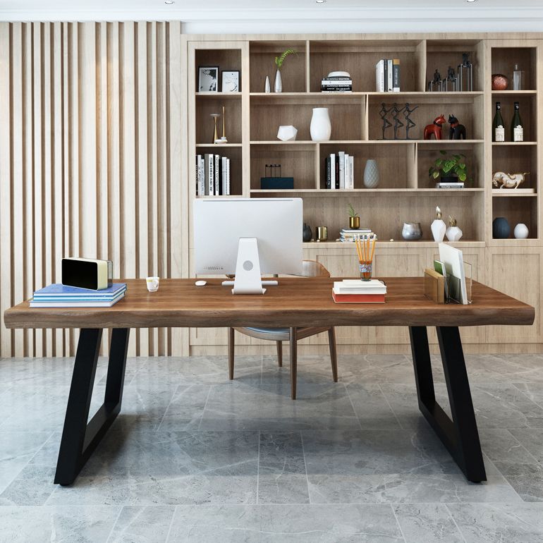 Modern Style Office Desk Brown Solid Wood Irregular Writing Desk