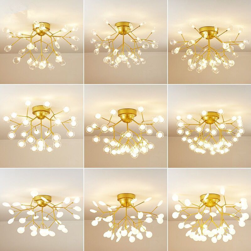 Nordic Firefly LED Semi Flush Light Glass Eetkamer Flush Mount Plafond Kroonluchter in goud
