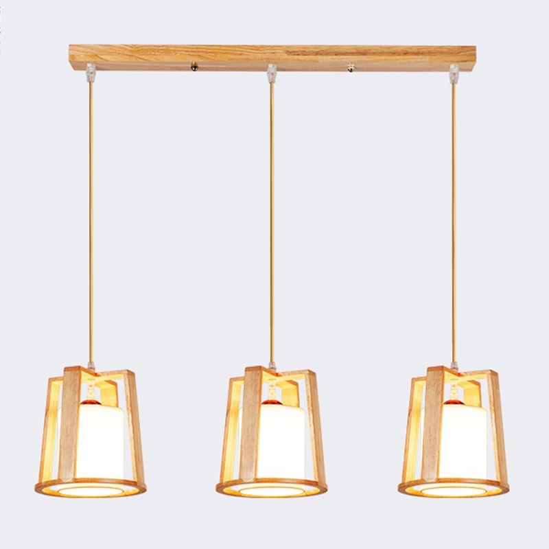 Modern Creative Pendant Light Wooden Geometric Hanging Lamp with White Fabrics Shade