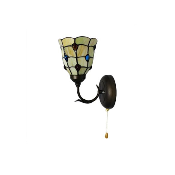 Stained Glass Peacock Wall Light with Colorful Bead Hallway 1 Light Tiffany Sconce Light in Beige