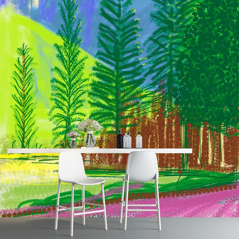 Cypress Landscape Painting Murals Modern Art Non-Woven Cloth Wall Decor in Blue-Green