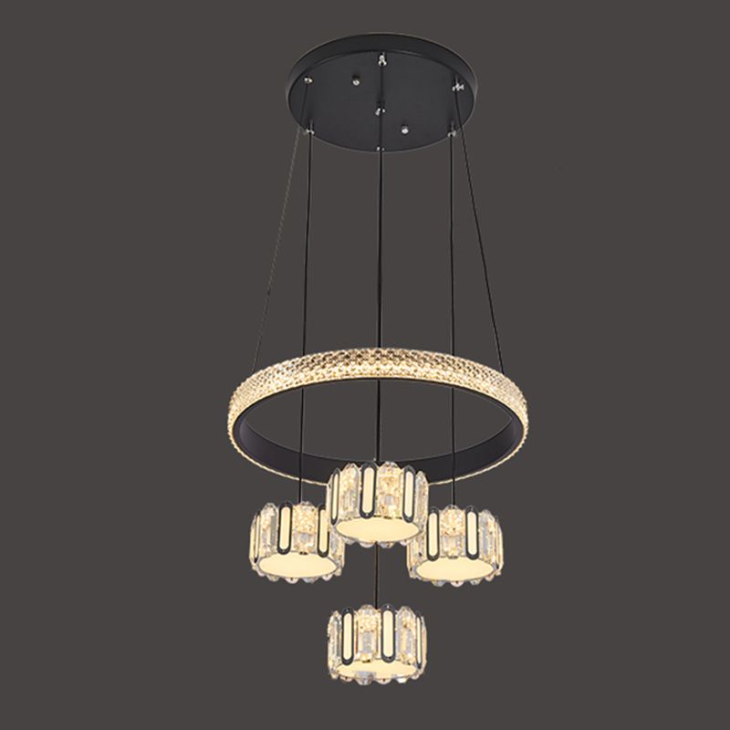 Ciondolo a cluster circolare nero moderno lampada a sospensione a LED a 5 luci a 5 luci per sala da pranzo
