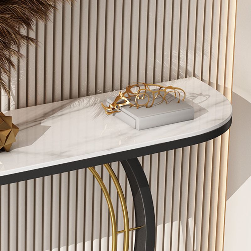 Modern Conole Table with Stone Half Moon Top and Black Pedestal Base