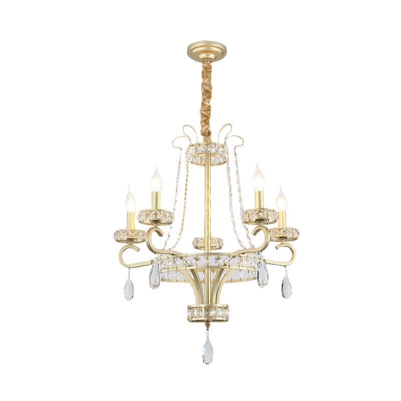 Gold Candle Chandelier Light Fixture Traditional Crystal Drop 5/8 Lights Living Room Hanging Lamp Kit