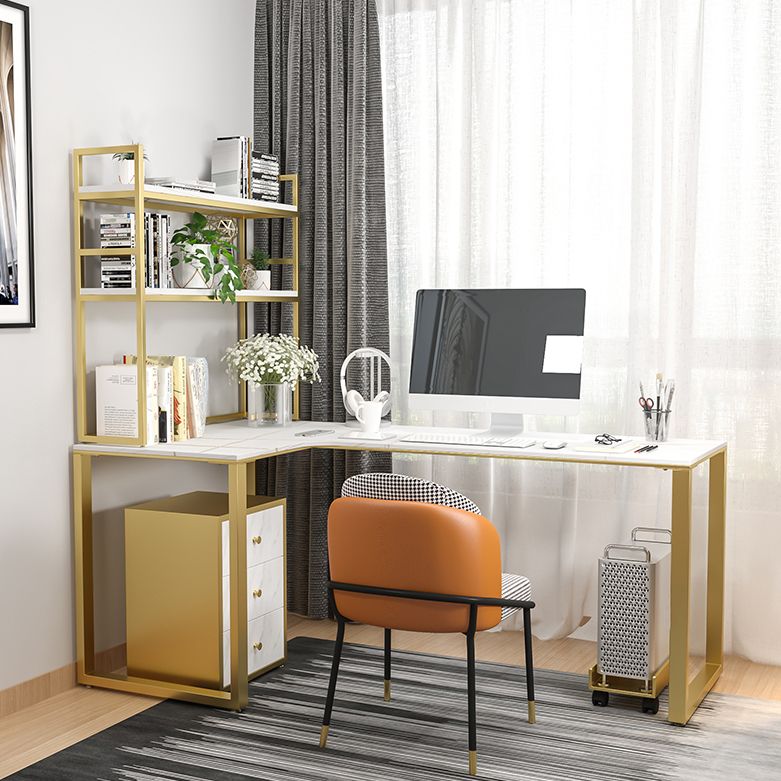 Glam Sintered Stone Desk L-Shape Bedroom White Writing Desk with Gold Steel Leg