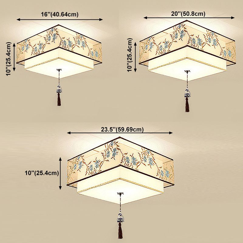 Traditional Style Fabric Shade Ceiling Light Geometry Simplicity Lighting Fixture for Living Room