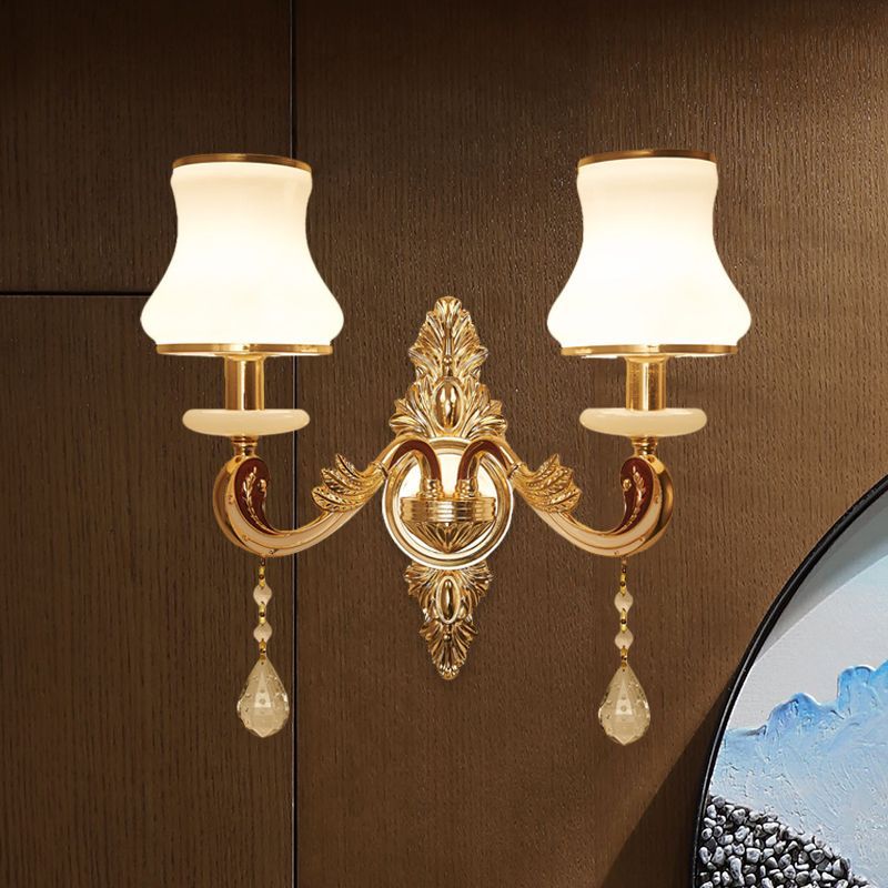 2 Heads Wall Sconce Vintage Bedroom Wall Mount Lamp with Curved Milk Glass Lampshade in Gold