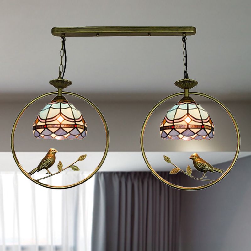 Luce a sospensione progettata vittoriana con Little Bird 2 lampadine Tiffany macchiata di vetro appeso per la libreria