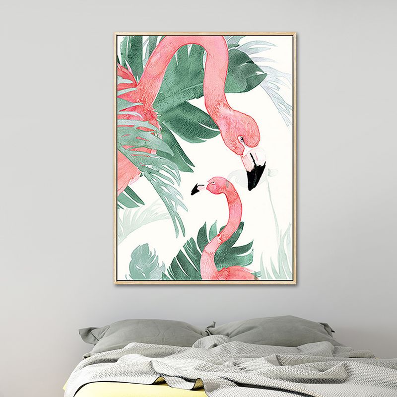 Pink-Green Kids Wall Art Flamingo and Leaves Print Canvas for Sitting Room, Textured