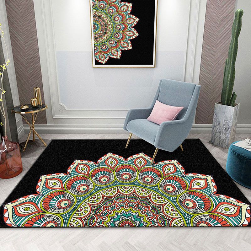 Black Morocco Area Rug Antique Pattern Polyester Area Carpet Stain Resistant Rug for Home Decor