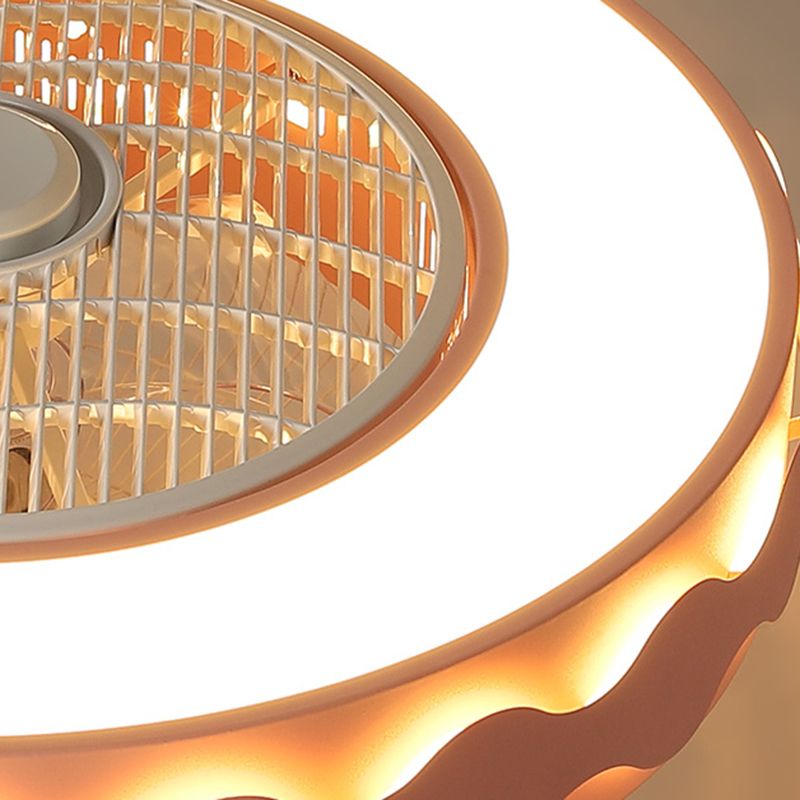 Macaron Drum Shaped Ceiling Fan Metal Child Bedroom LED Semi Flush Light