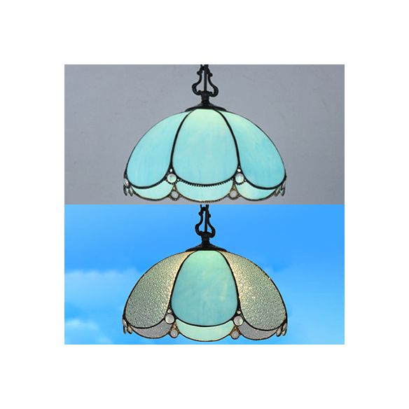 Tiffany Flower suspendu lampe 1 ampoule bleu / transparent en verre coupé à main
