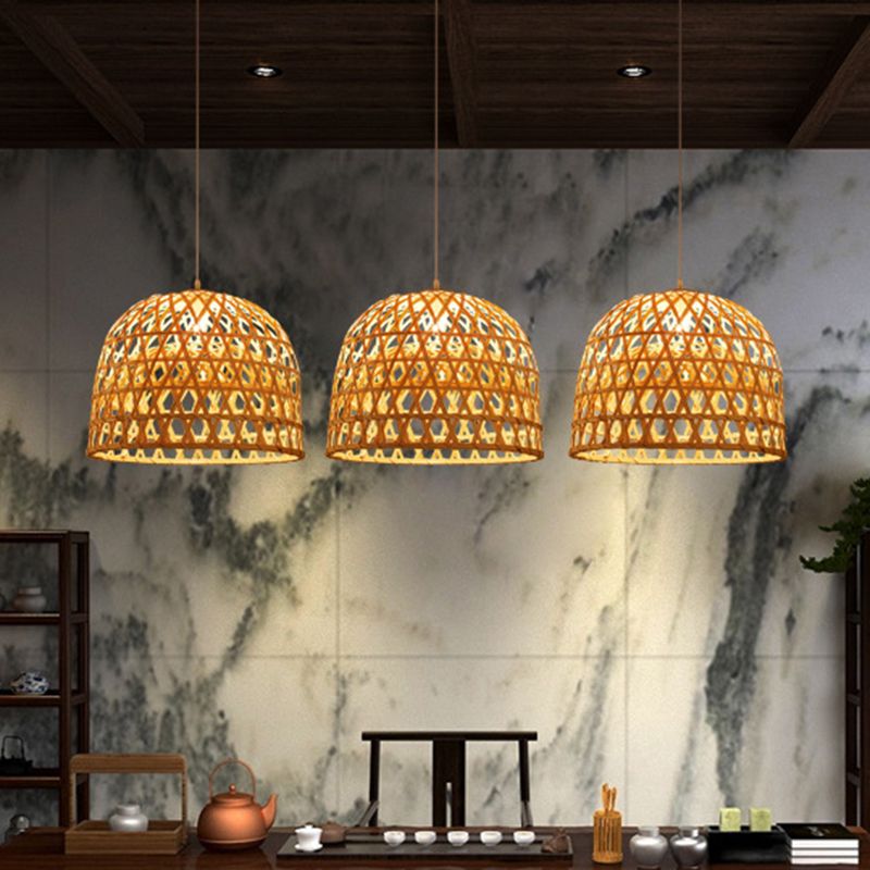 14 "/19.5" W Modern Dome Bamboo Accensione a sospensione 1 Lampada a soffitto di luce in beige per sala da pranzo