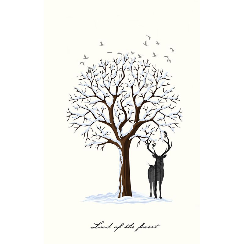 Deer Under Snowy Tree Mural Nordic Stain-Resistant Bedroom Wall Covering, Personalized Size