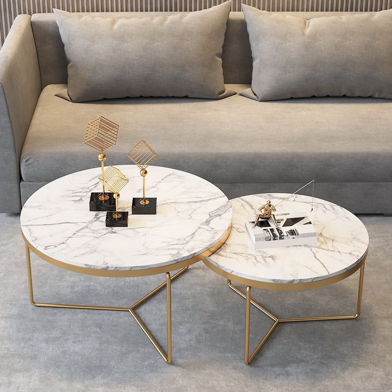 Round Coffee Table Set with Golden Iron X-Base and Marble Top