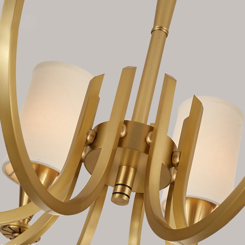 American Rustic Style Copper Chandelier Multi-lights Cylindrical Fabric Shade Hanging Light in Gold