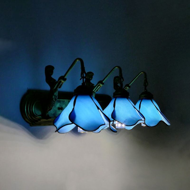 Tiffany Flower Wall Mount Light Fixture 3 Heads Pink/Blue Glass Sconce Lighting with Mermaid Decoration