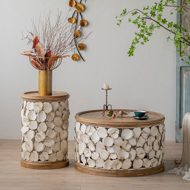 French Country Wood Round Tray Coffee Table Iron Drum Cocktail Table