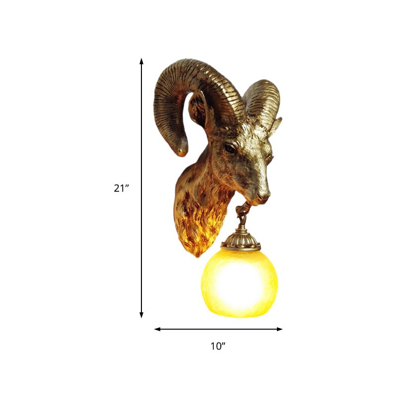 Resin Gold Sconce Lamp Goat 1-Light Country Style Wall Mounted Lighting with Crystal/Glass Shade