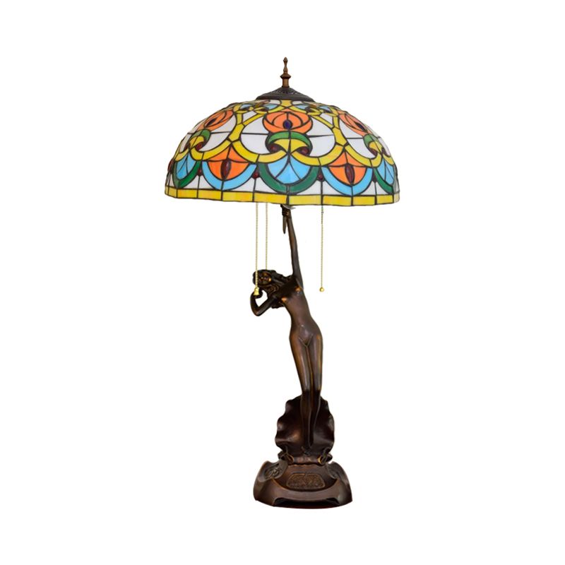 Orange/Yellow Glass Bowl Night Light Victorian Style 3 Bulbs Black Table Lighting with Pull Chain and Girl Base