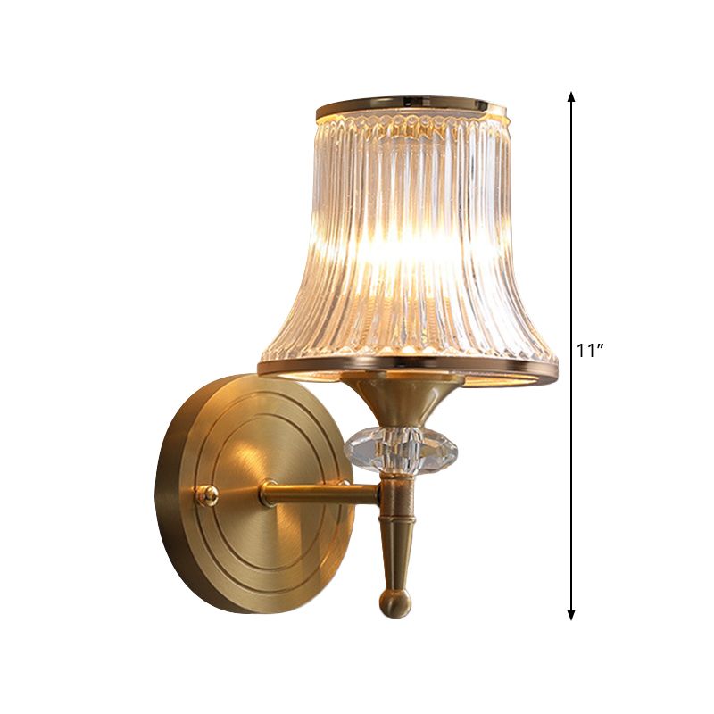 Conic Clear Ribbed Glass Wall Light Fixture Classic 1/2-Bulb Living Room Wall Sconce in Brass with Crystal Accent