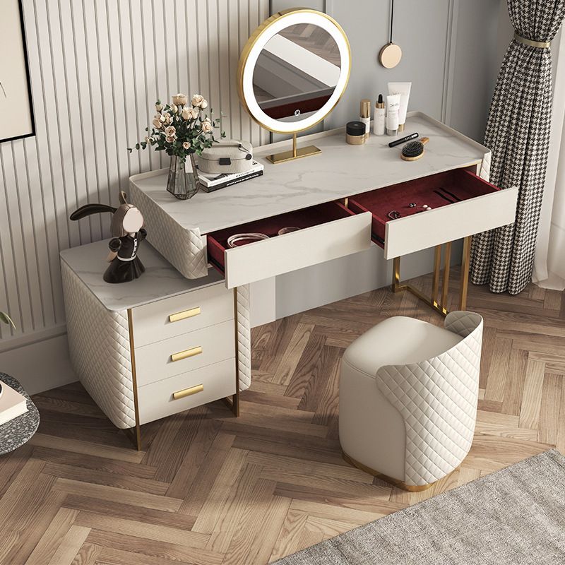 Glam Stone Top Vanity Makeup Table Set Wooden 5-Drawers Dressing Table