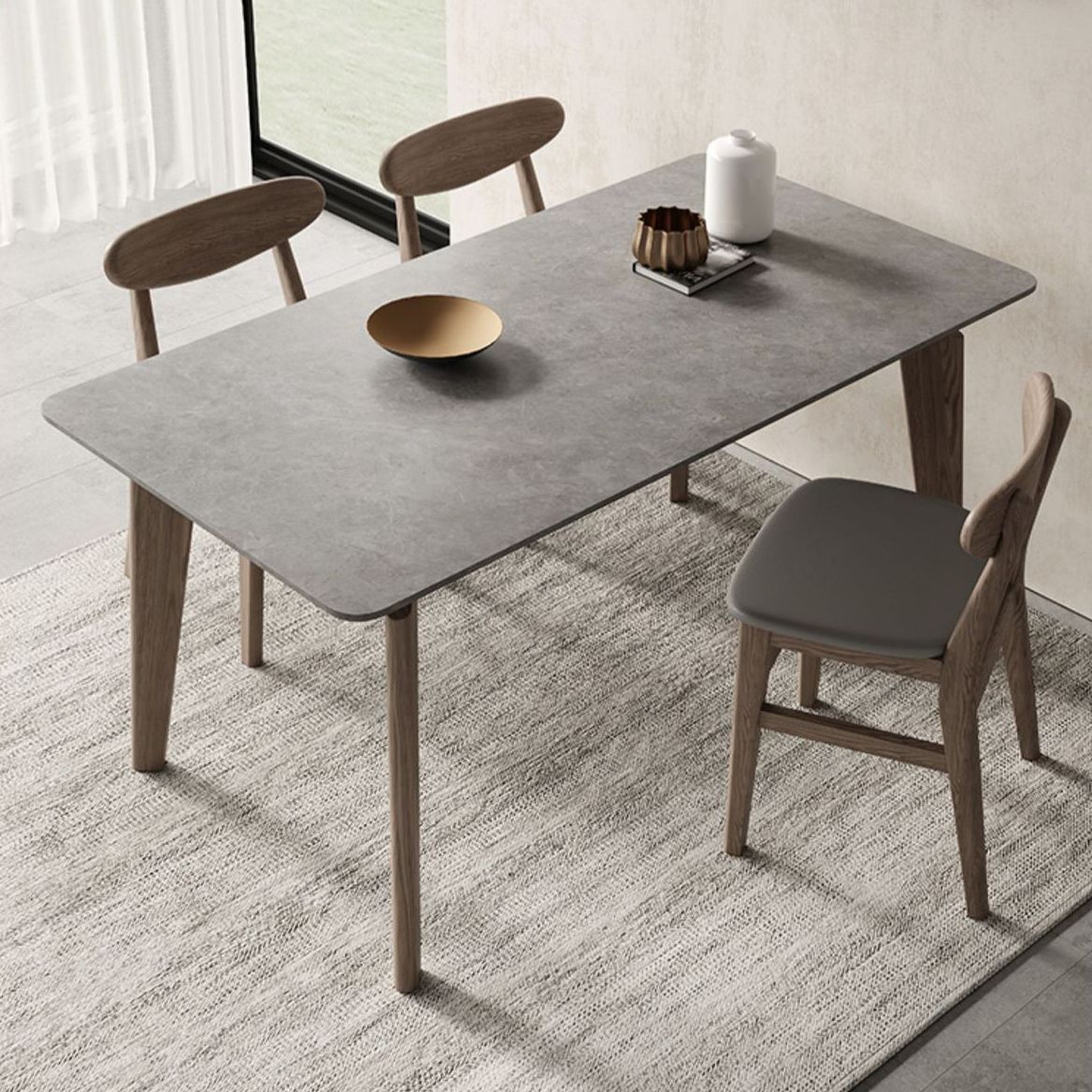 Modern Gray Stone Dining Table with Wooden Chairs 1/2/4/5/6 Pieces Dining Table Set