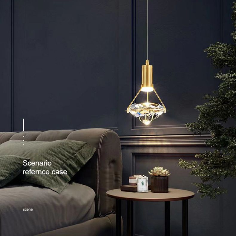 Brass Crystal LED Pendant Light in Modern Luxury Style Copper Geometric Hanging Lamp for Bedroom