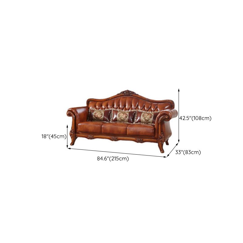 Genuine Leather Tufted Back Sofa Leather Round Arm Sofa in Brown