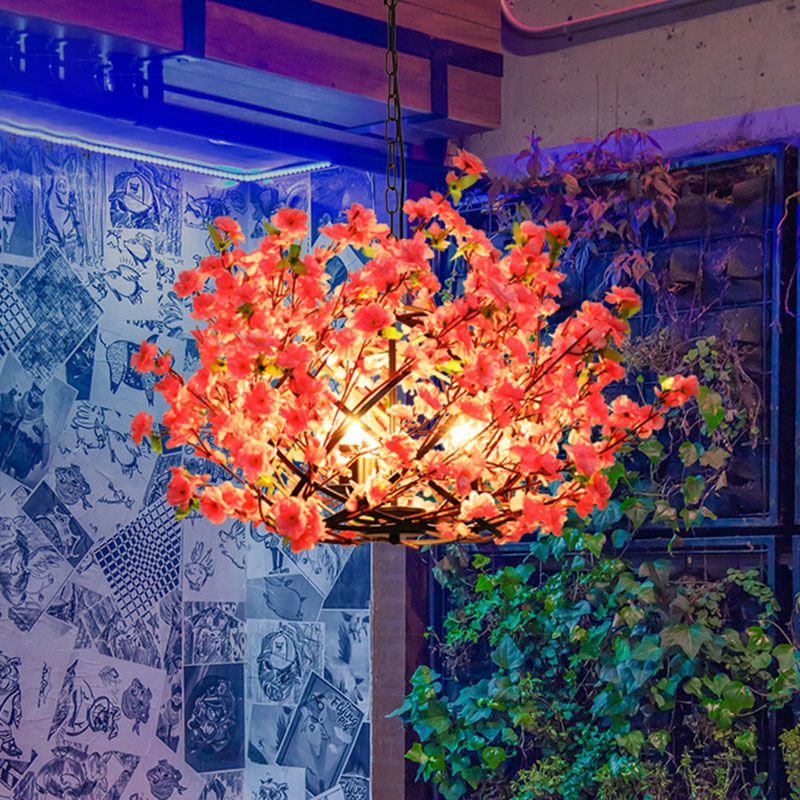 Industrial Peach Blossom Chandelier Light 3 Lights LED Metal Pendant Lamp in Pink for Restaurant