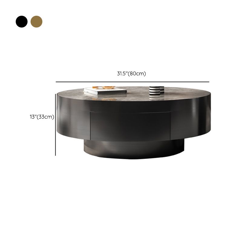 Glam Cocktail Table Drum Slate with Drawer Round Single Coffee Table