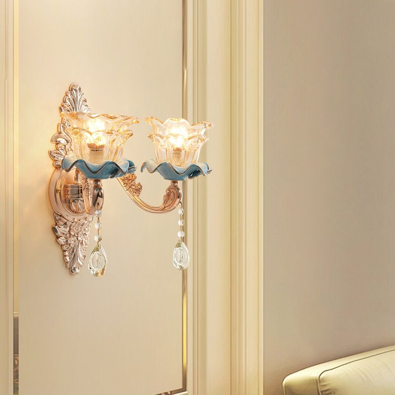 Bruin glazen bloemen ruches wandlamp barmonus vintage gang muur gemonteerde lamp met hangend kristal in goud