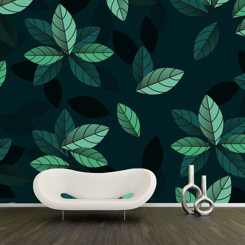 Leaf Plant Illustration Mural Wallpaper Stain-Resistant Wall Covering for Reading Room