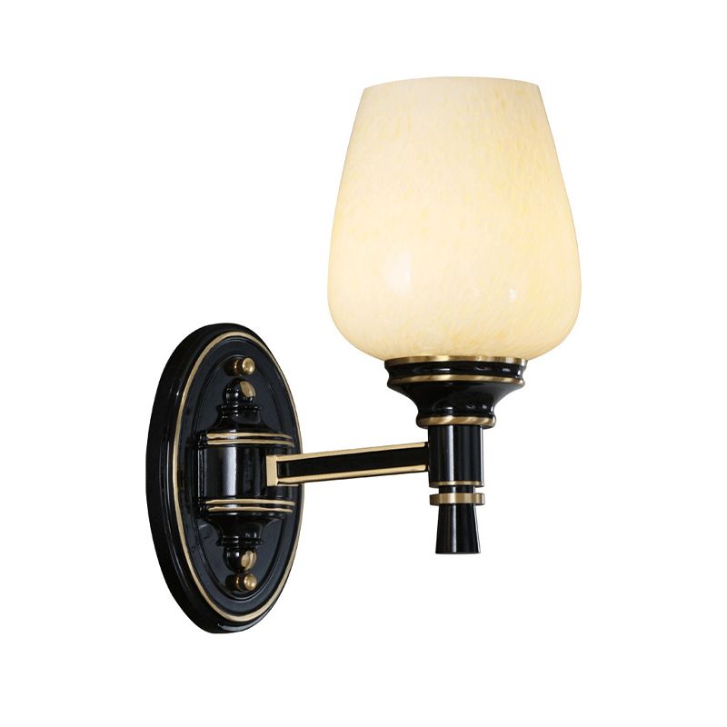 1/2-Bulb Wall Mount Light with Cone White Glass Shade Traditional Living Room Sconce Light in Black