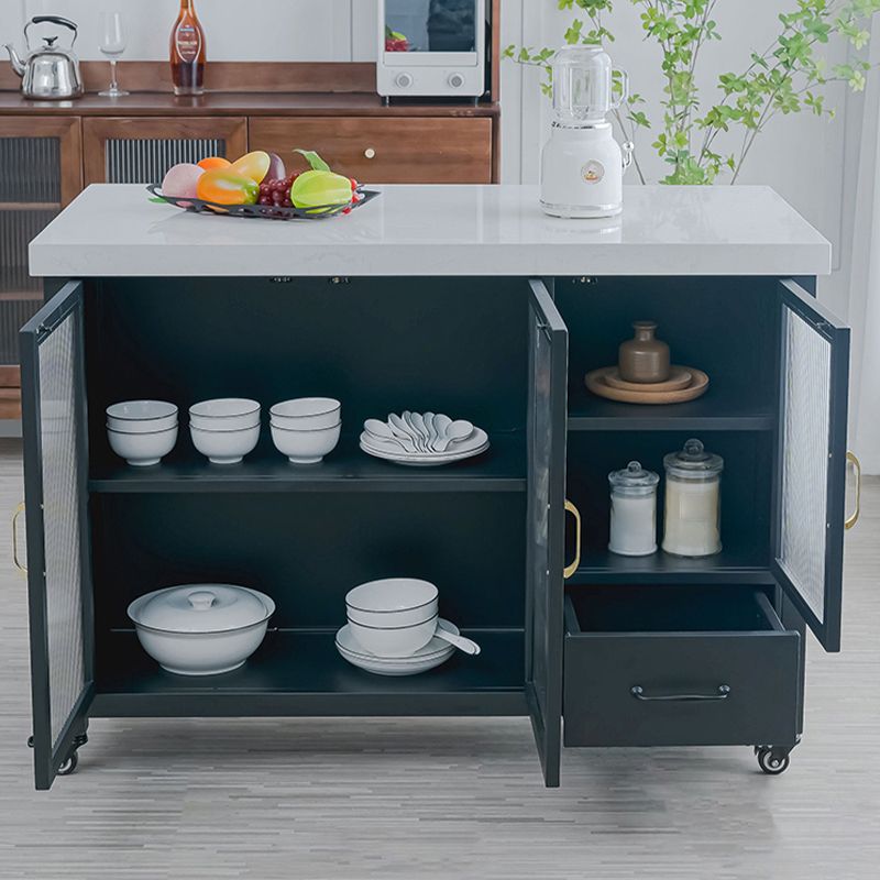 Faux Marble Rectangle Kitchen Island Cart with Glass Storage Cabinet