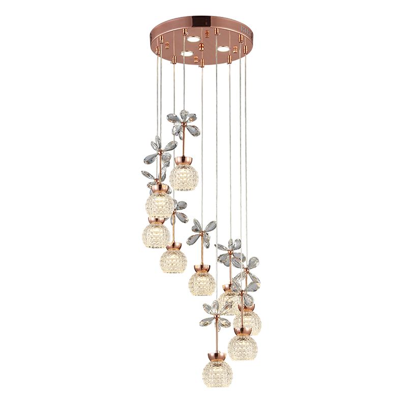 Floral Staircase Multi Light Pendant Crystal Modern LED Hanging Lighting with Dome Shade in Rose Gold