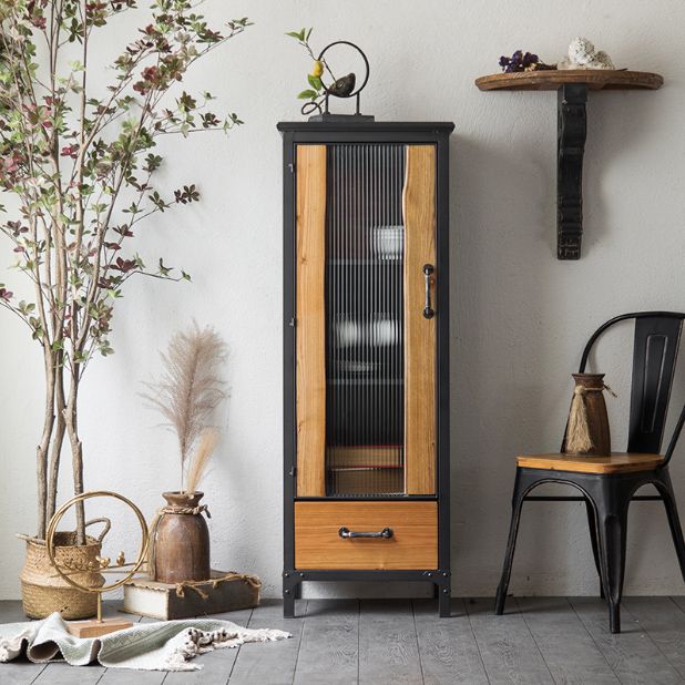 Metal & Wood Accent Cabinet Industrial Style Glass Paned Storage Cabinet