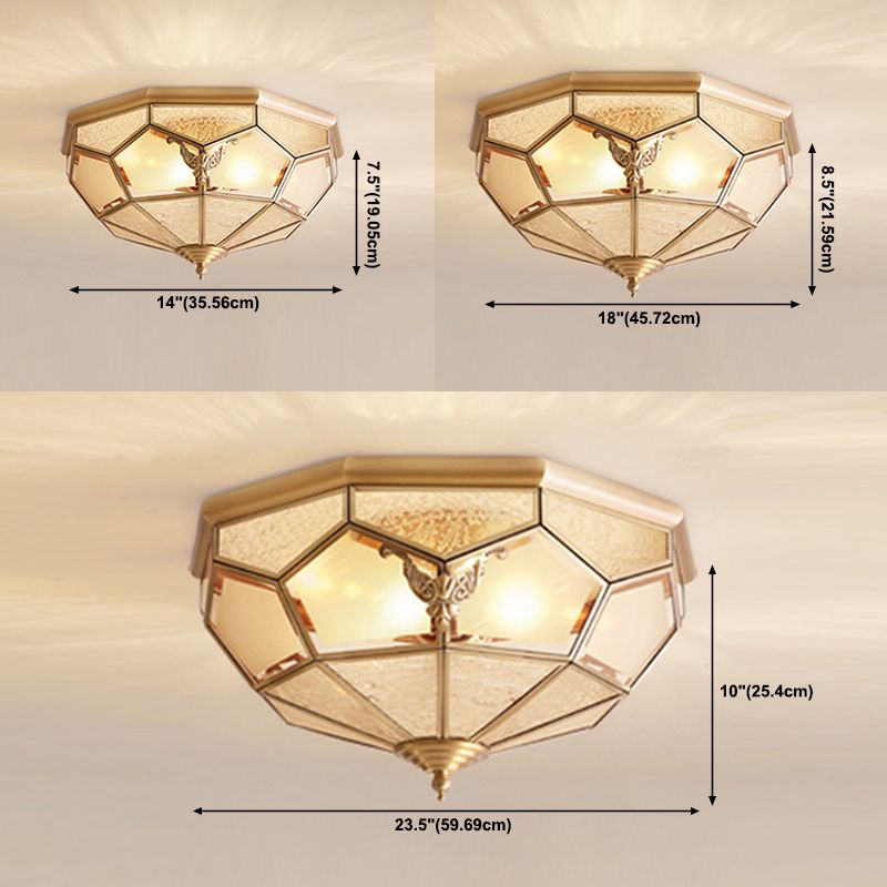 Shaded Glass Close to Ceiling Light Vintage Bedroom Ceiling Light Fixture in Gold