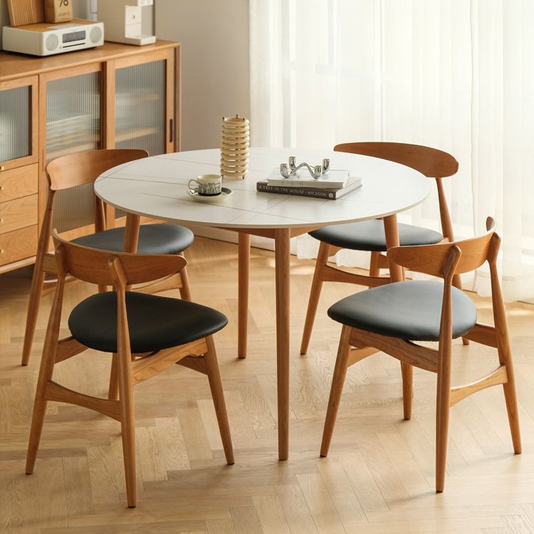 Contemporary Round Dining Table White Sintered Stone Table with 4 Cherry Wood Legs