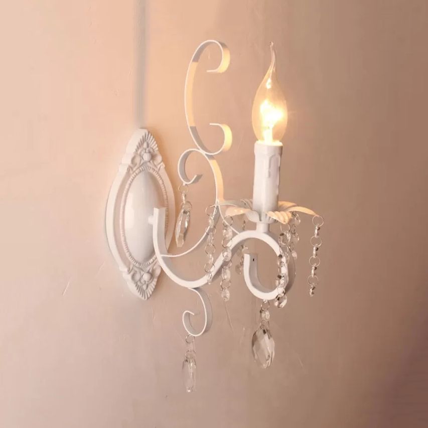 Candle Shape Wall Light Classic Stylish Metal Wall Lamp in White with Clear Crystal for Lodge