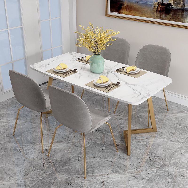 White Stone Top Dining Table Glam Style Gold Base Dining Table for Living Room