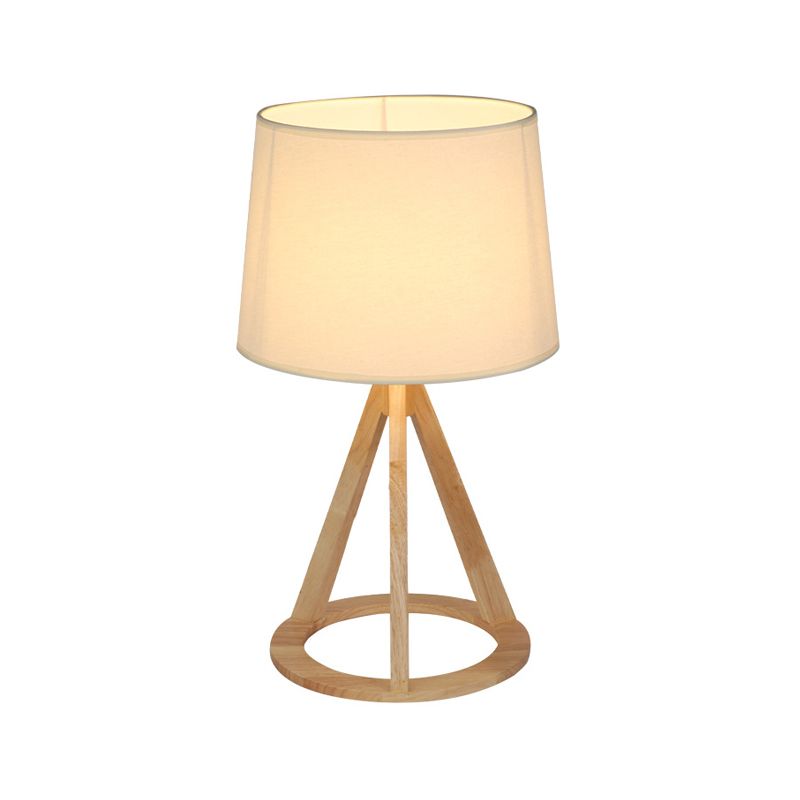 Fabric Drum Night Stand Lamp Simple 1-Light White Table Light with Open Conical Pedestal