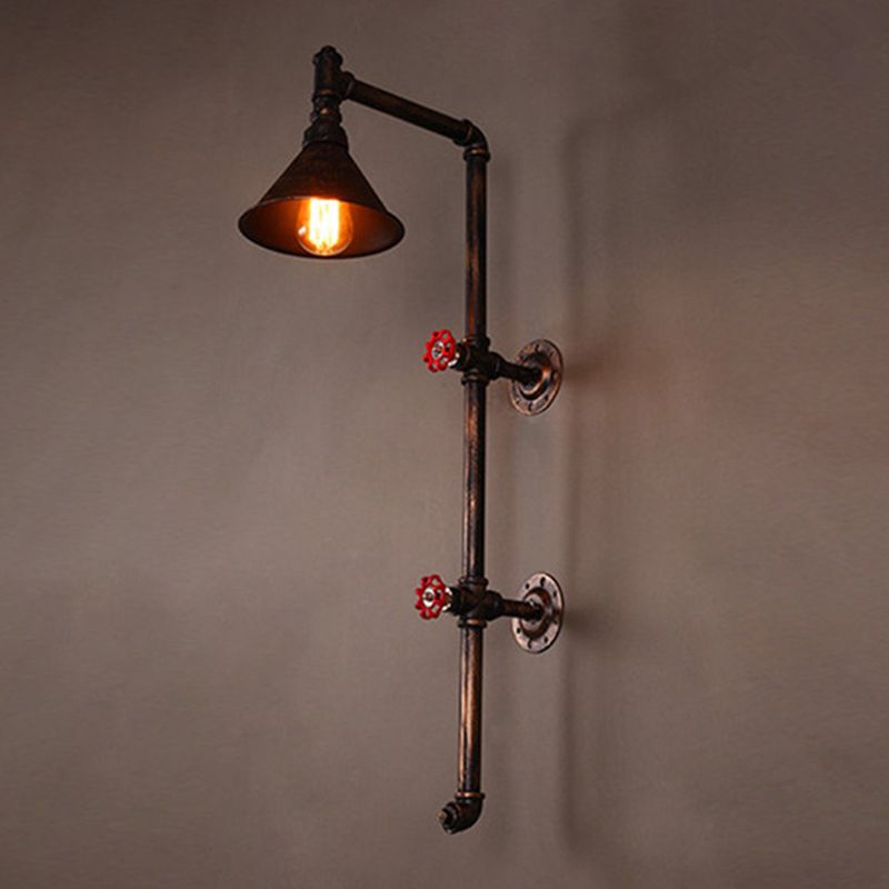 Cone Shade Iron Wall Light Kit Industrial Single Living Room Wall Mount Lamp with Valve and Bracket Design in Bronze