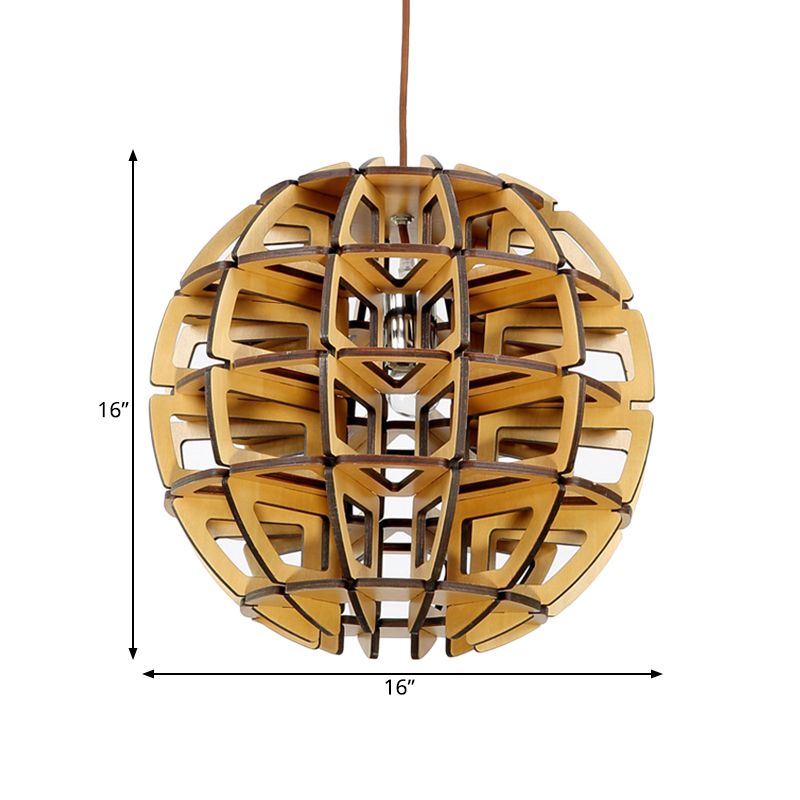 Hand-Worked Beehive Ball Hanging Light Asia Novelty Wood 1-Light Brown Pendant Ceiling Lamp
