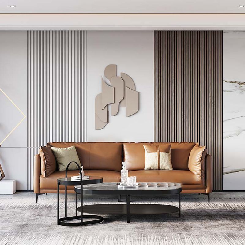 Contemporary Square Arm Sectional Genuine Leather Stationary Sectional Set