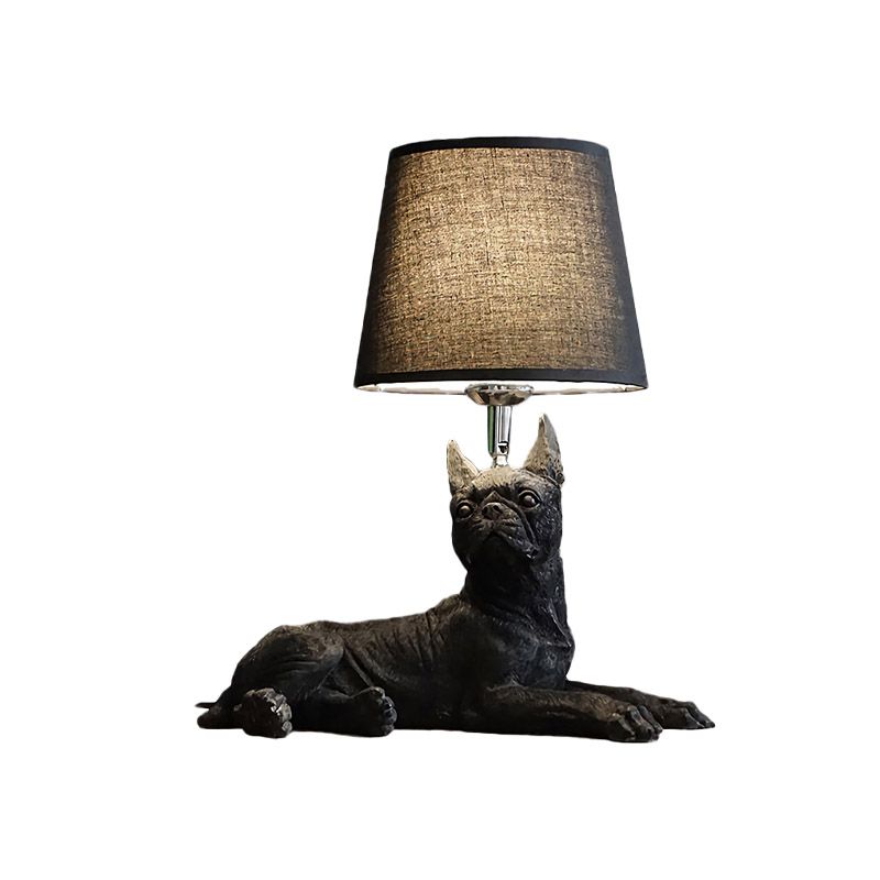 1 Bulb Fabric Night Table Light Traditional Black Drum Bedroom Nightstand Lamp with Resin Dog Base