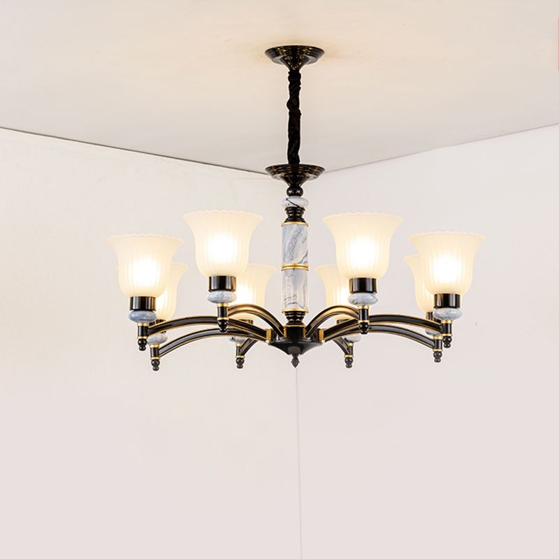 Ribbed Frosted Glass Flared Chandelier Vintage Bedroom Pendant Light with Scalloped Edge in Black