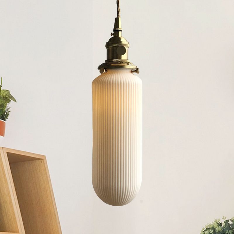 Ellipsoidal/Cylinder/Global Dining Room Pendant Lamp Ribbed Glass 1 Light Modern Hanging Light Kit in Ivory