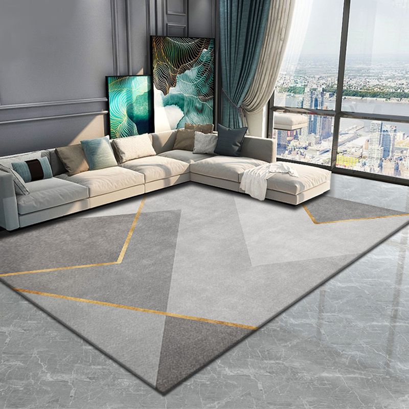 Blue Living Room Rug Geometric Print Polyester Area Rug Non-Slip Backing Area Carpet