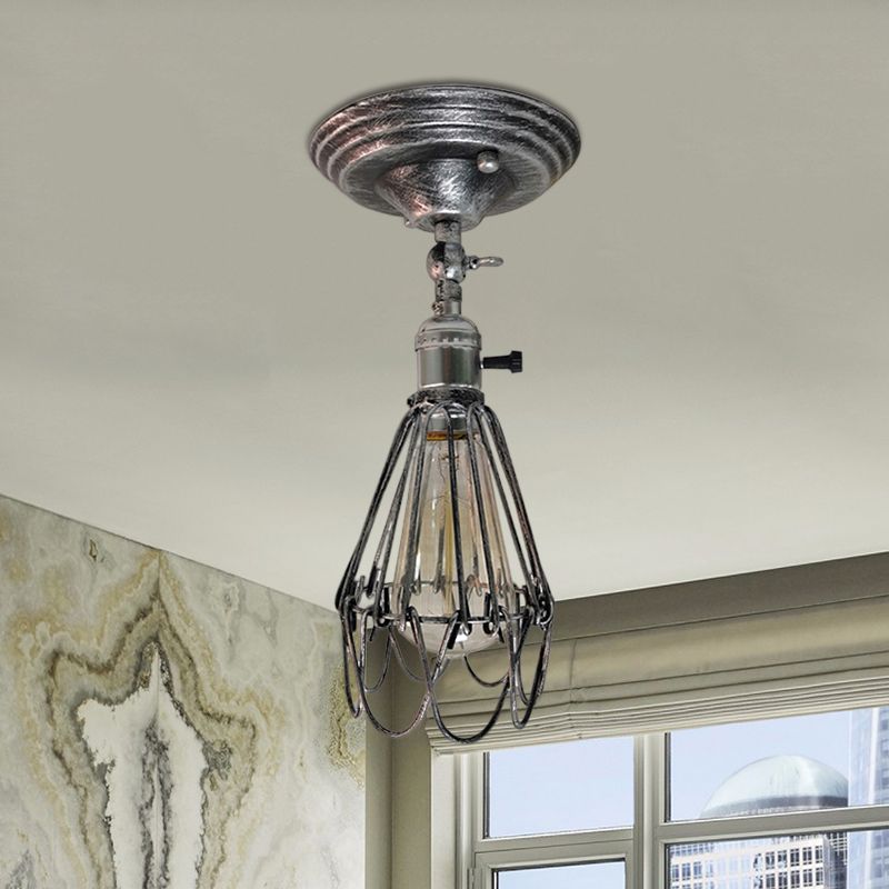 Plafonnier semi-encastré en cage en fer forgé, style ferme, élégant, 1 lumière, luminaire de plafond pour chambre à coucher, rouille/argent vieilli